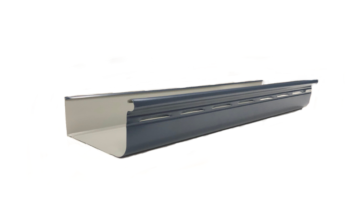 Blue metal guttering, angled, on a white background.
