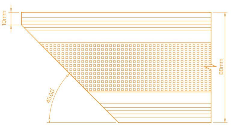 Diagram of a rectangular shape with a 45-degree angled cut, showing dimensions of 10mm and 80mm.