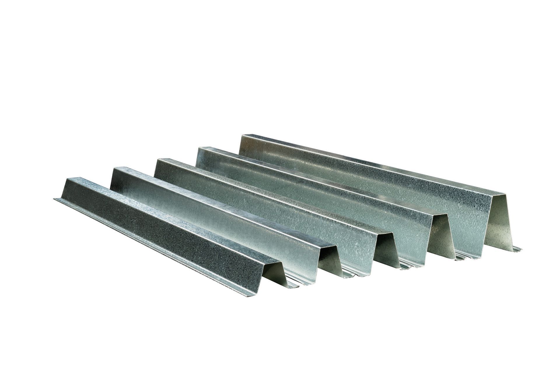 Corrugated steel decking, silver, for construction.