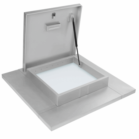 Metal roof hatch, lid open, revealing frosted glass pane; gas strut holds lid.