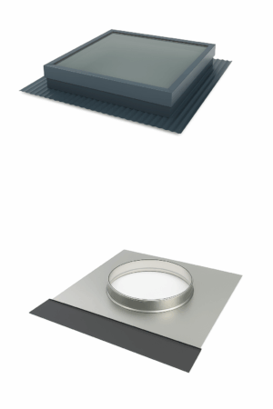 Two roofing components: a square skylight and a vent pipe flashing.