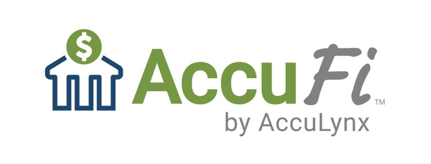 Logo for AccuFi by AccuLynx: green and blue, text beside a house icon with a dollar sign.