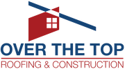 Over The Top | Roofing and Construction Logo: Red and white house with a blue roof,