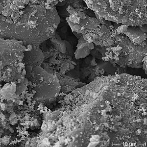 A black and white photo of a pile of dirt under a microscope.