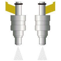 A pair of fuel injectors spraying fuel on a white background.