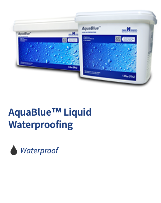 Two buckets of aquablue liquid waterproofing on a white background