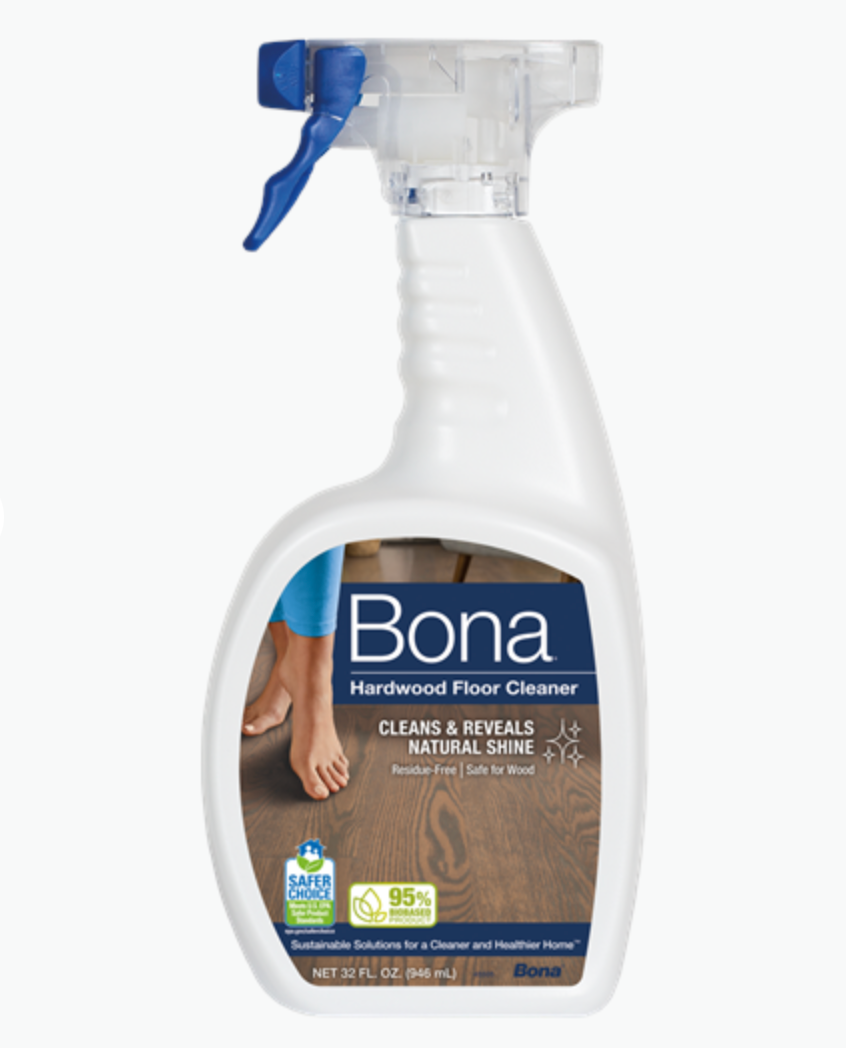 A bottle of bona hardwood floor cleaner on a white background.