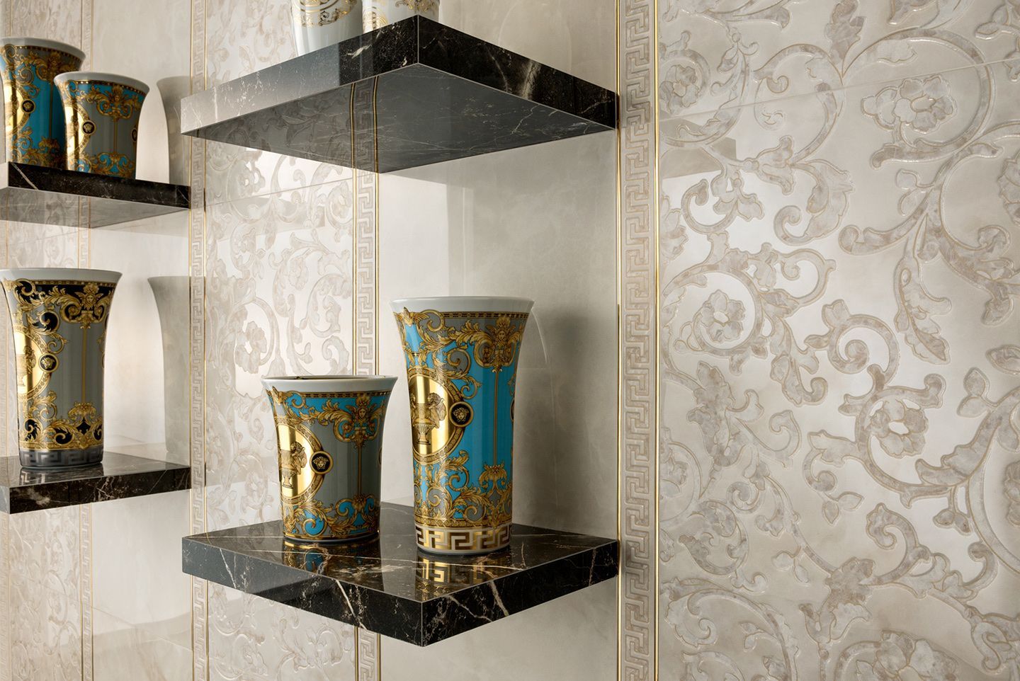 A shelf with vases on it in a bathroom.