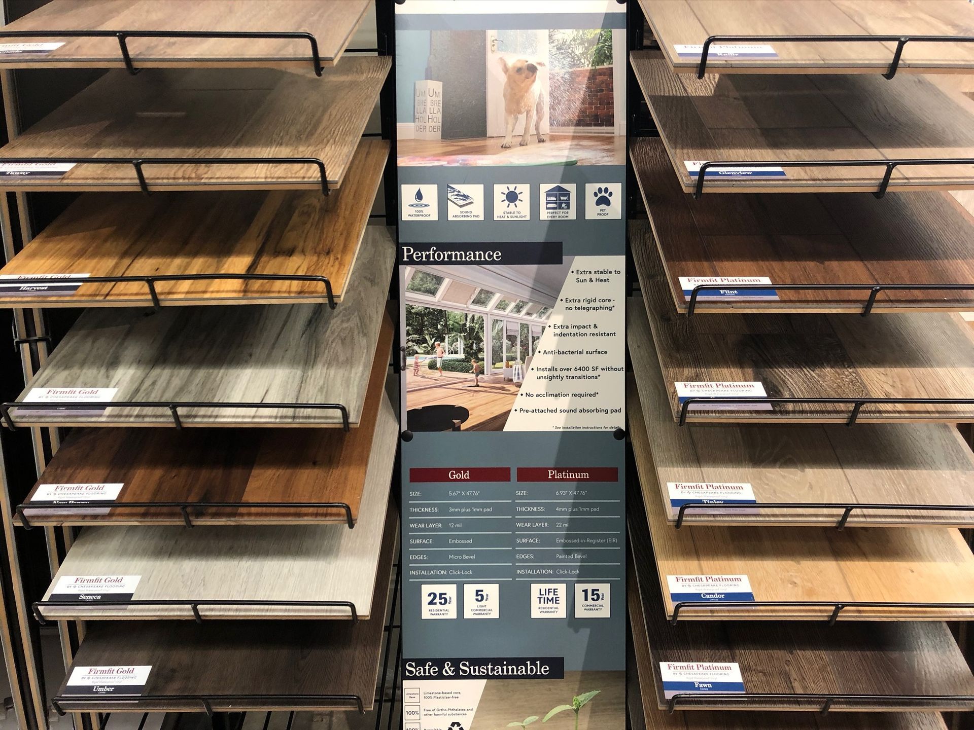 A display of different types of wood flooring in a store