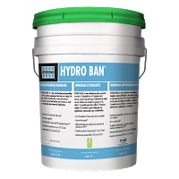 A bucket of hydro ban is sitting on a white surface.