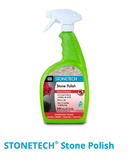 A green spray bottle of stonetech stone polish