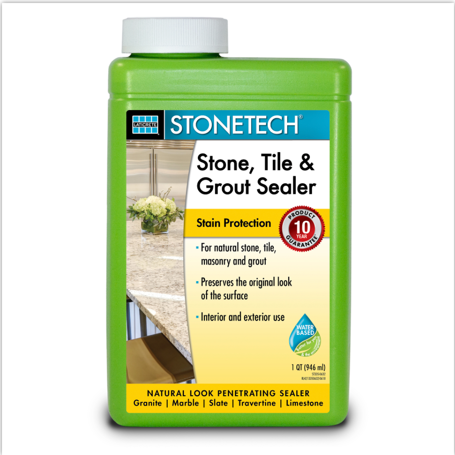 A green bottle of stonetech stone tile and grout sealer