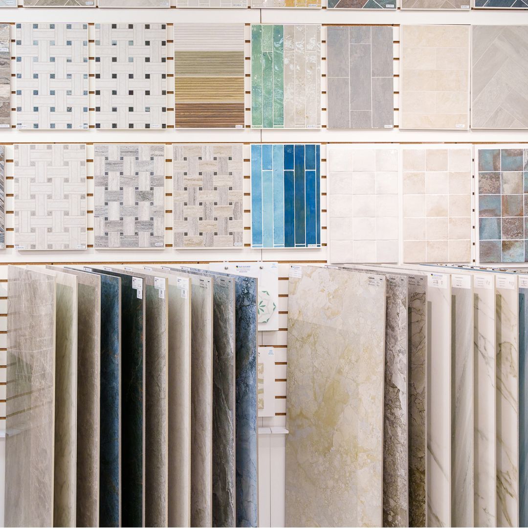 A variety of tiles are on display in a store