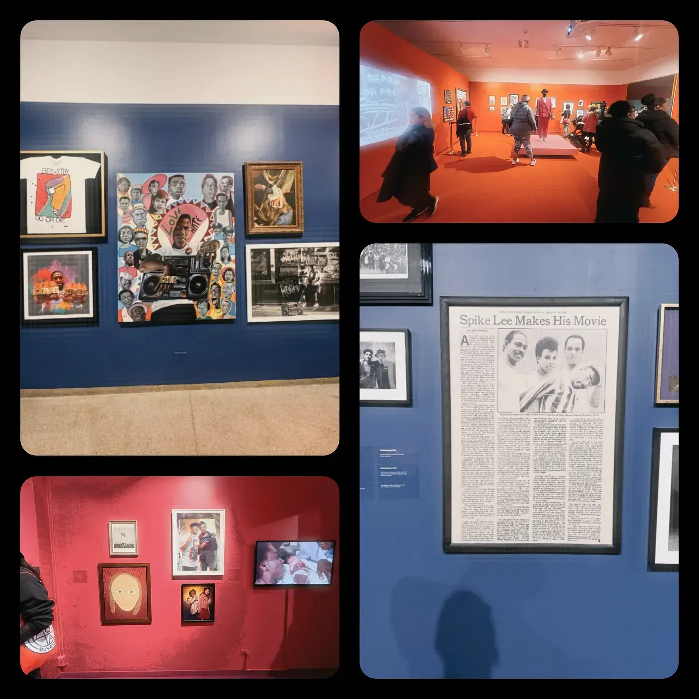 Art gallery exhibit with photos and paintings on blue and red walls. People are viewing the art.