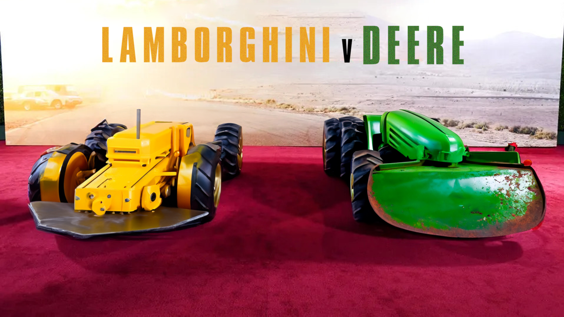 Two toy tractors are sitting next to each other on a red carpet.