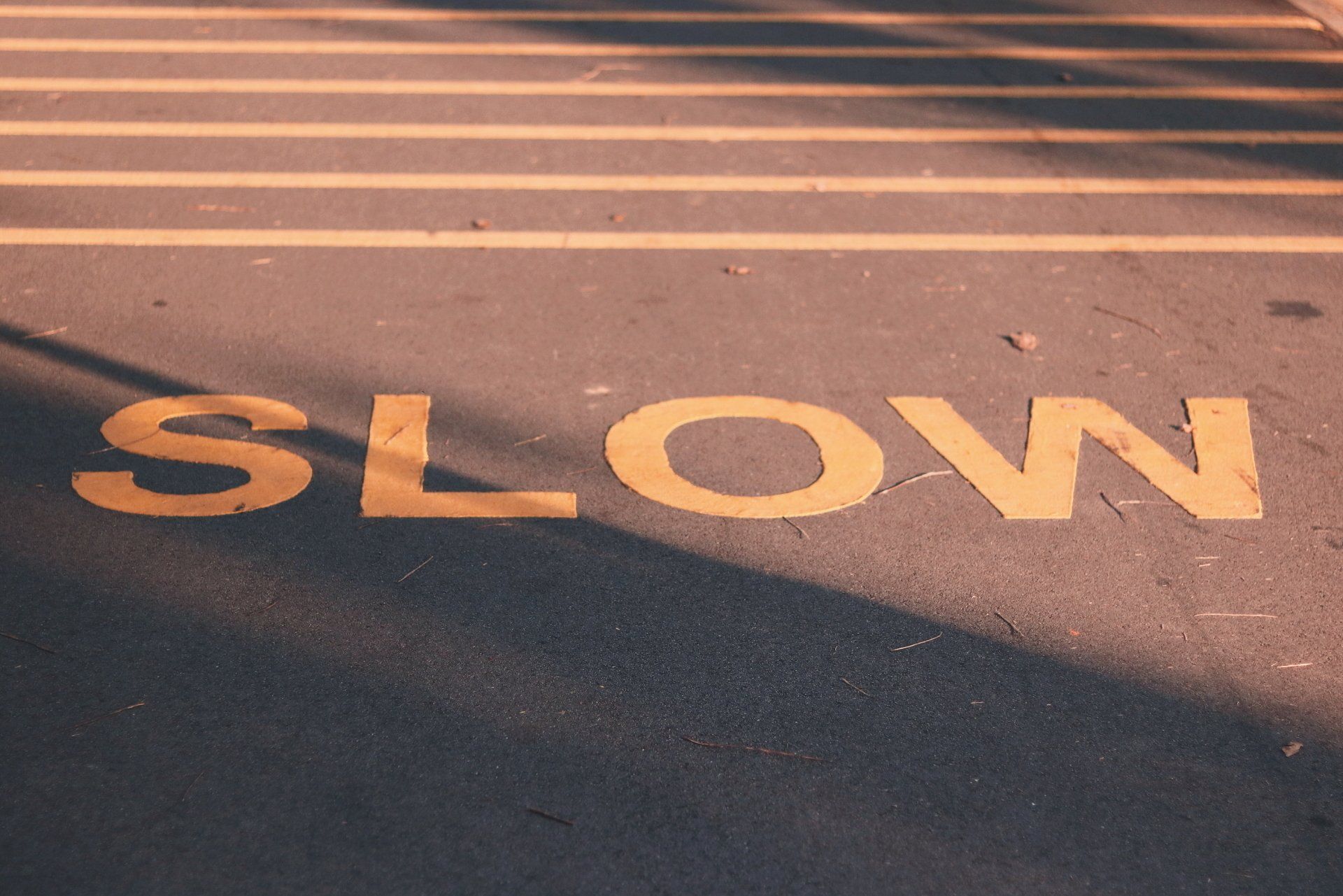 The word slow is painted on the side of a road.