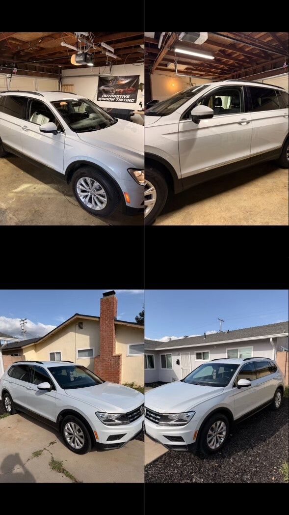 A collage of four photos showing a white Volkswagen Tiguan SUV parked in a garage and outdoors.