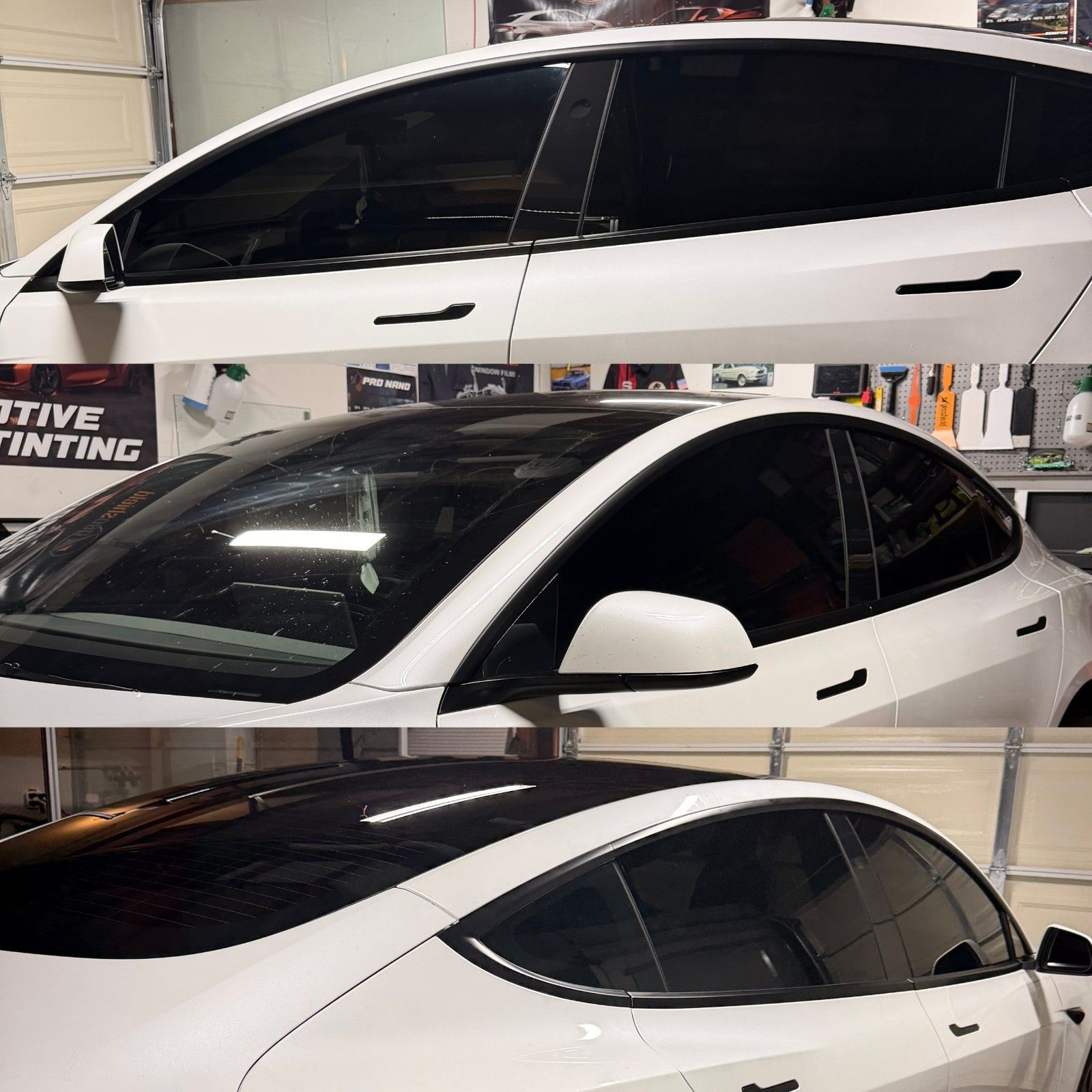 Three views of a white Tesla with tinted windows parked in a garage.