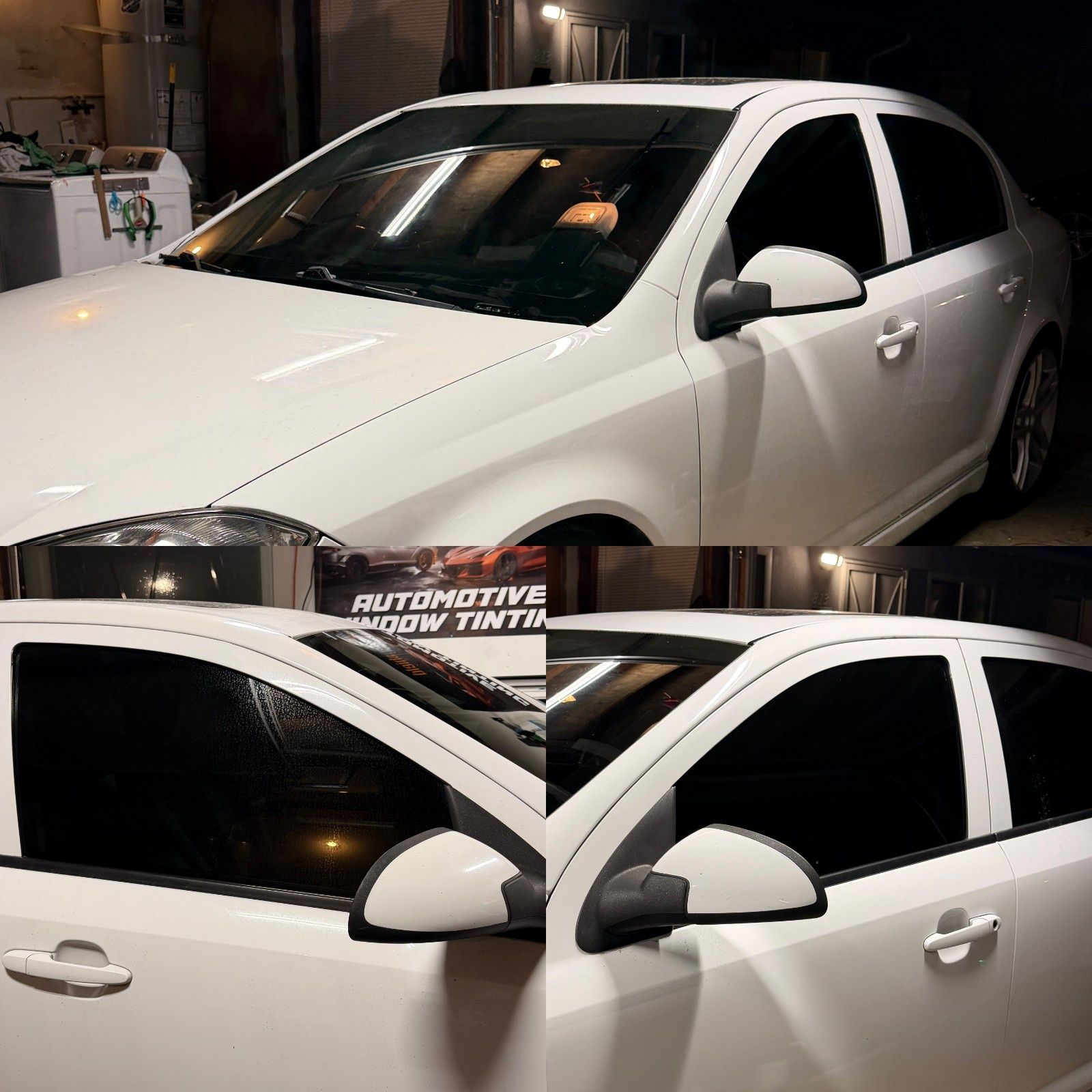 A white sedan before and after the application of dark window tint on its side windows.
