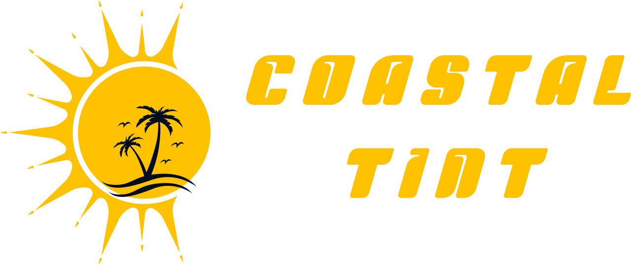Logo for Coastal Tint featuring a yellow sun graphic with palm trees and waves, next to yellow text reading COASTAL TINT.
