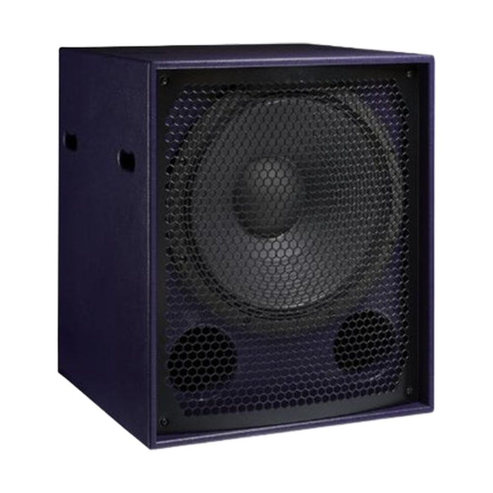 Boxy purple Funktion-One speaker with dual front ports and central driver.