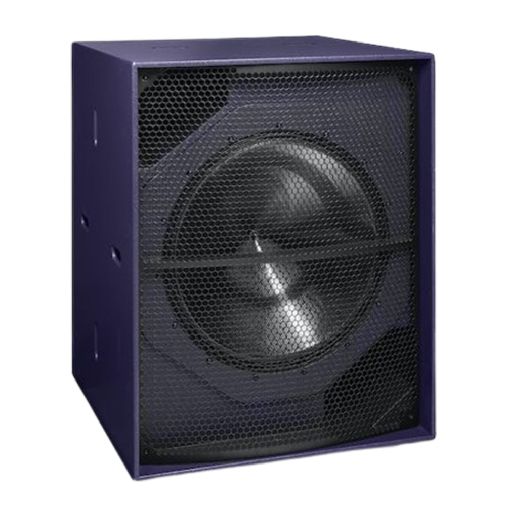 Purple speaker with a single large circular driver behind a hexagonal grill.