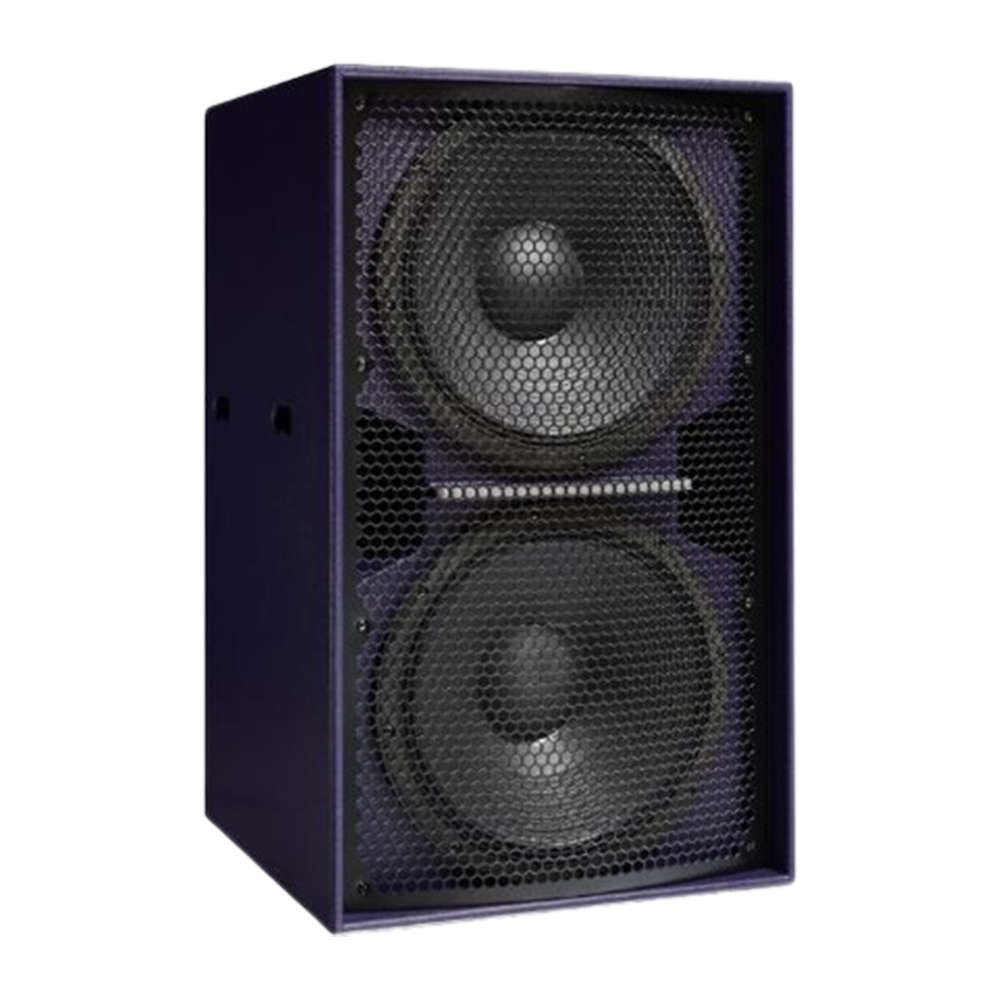 Purple speaker cabinet with two large drivers stacked vertically behind a metal grill.
