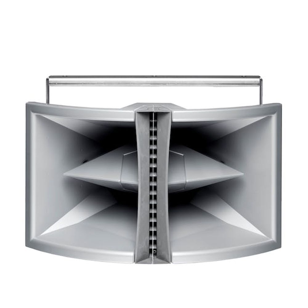 Front view of a curved grey Funktion-One horn-loaded speaker with central vertical splitter.