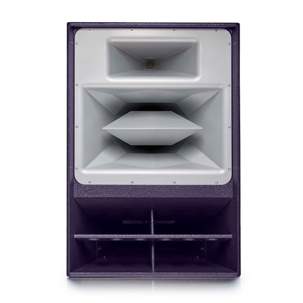 Purple speaker with white three-section horn and bottom rectangular ported section.