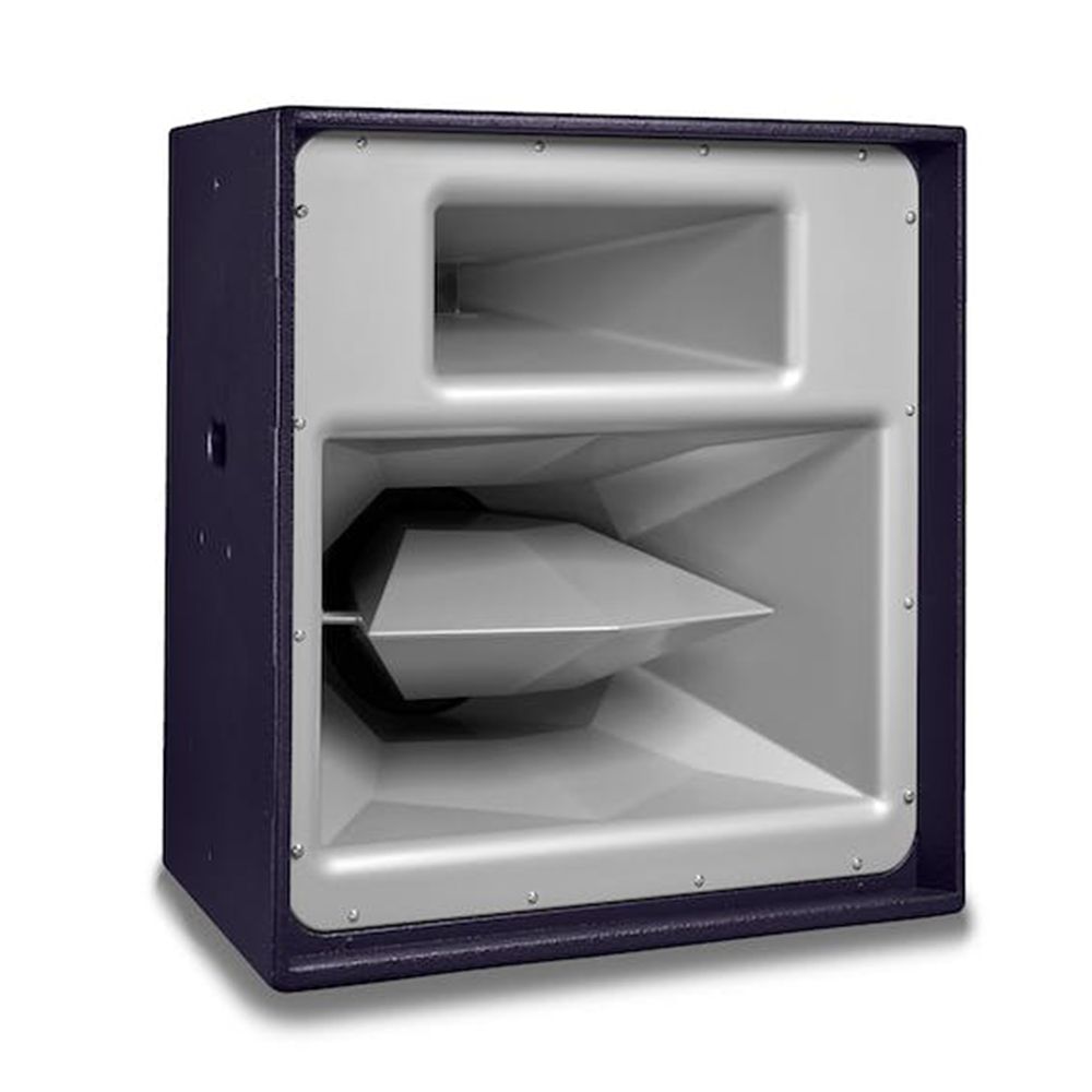 Angled view of a purple Funktion-One cabinet with dual-section white horn and trapezoidal shape.