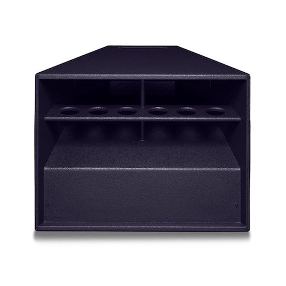 Rear horn-loaded purple speaker with six round ports and sloped front panel.