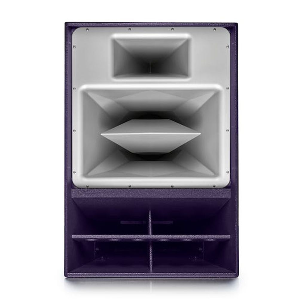 Front view of a purple speaker with large white horn featuring dual horizontal flares.