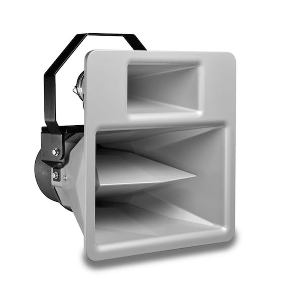 Compact grey horn speaker with mounting bracket and multi-section waveguide design.