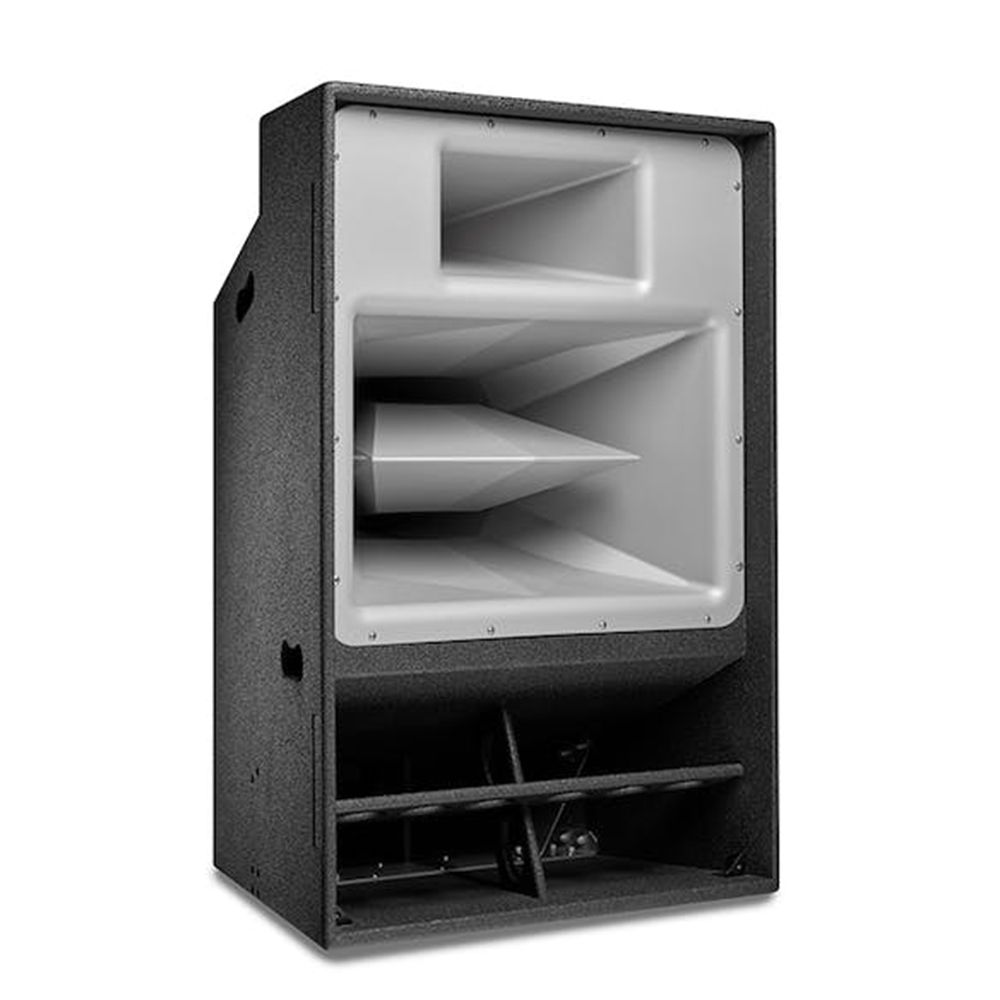 Angled black speaker cabinet with white horn and exposed lower bass driver section.