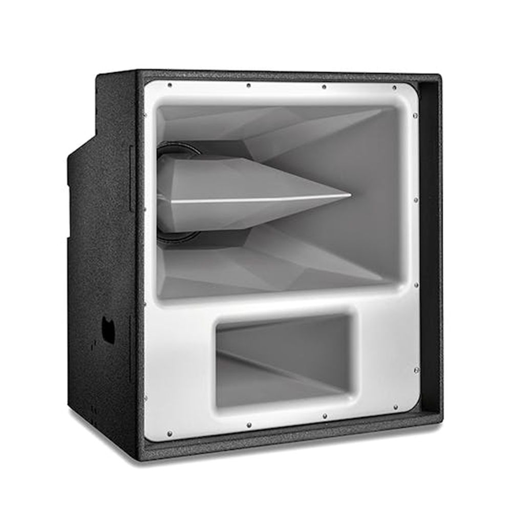 Angled black speaker cabinet with deep horn throat and rectangular bass port on bottom.