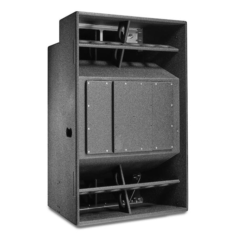 Rear view of a large black speaker showing internal bracing, wiring, and acoustic chamber.