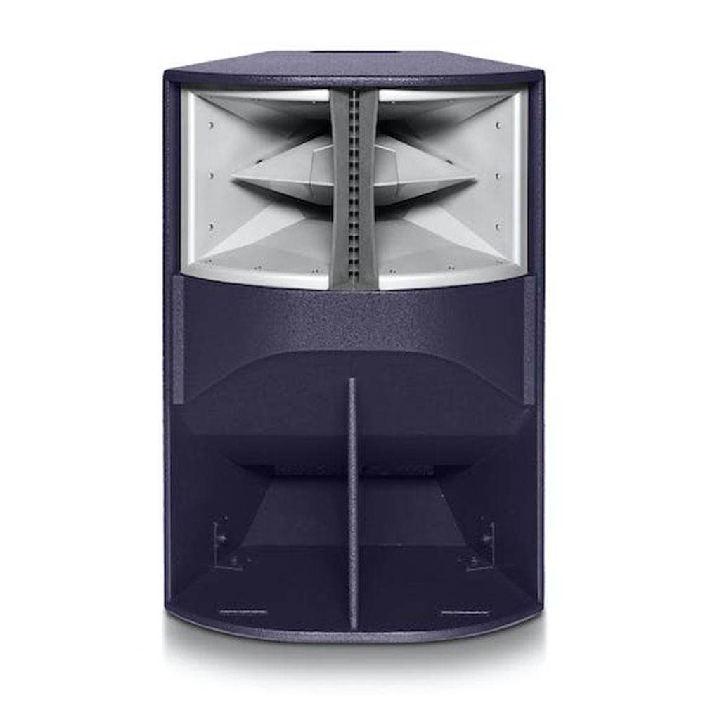 Purple Funktion-One speaker with white horn and dual-angled dispersion inside a rectangular cabinet.