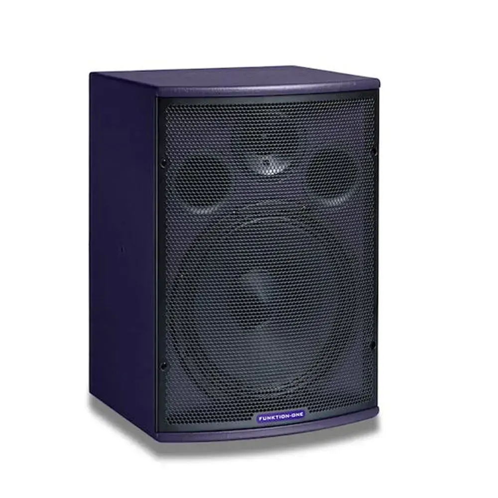 Angled view of a mid-sized Funktion-One loudspeaker with dual ports and black grille.