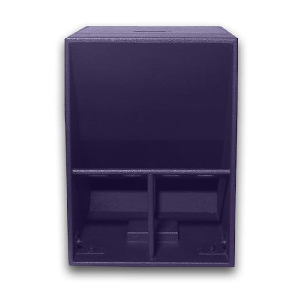 Purple speaker box with a large front-facing horn-loaded design and divided lower section.