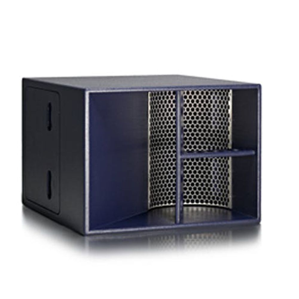 Horizontal purple speaker cabinet with curved mesh grill and dual horn-loaded compartments.