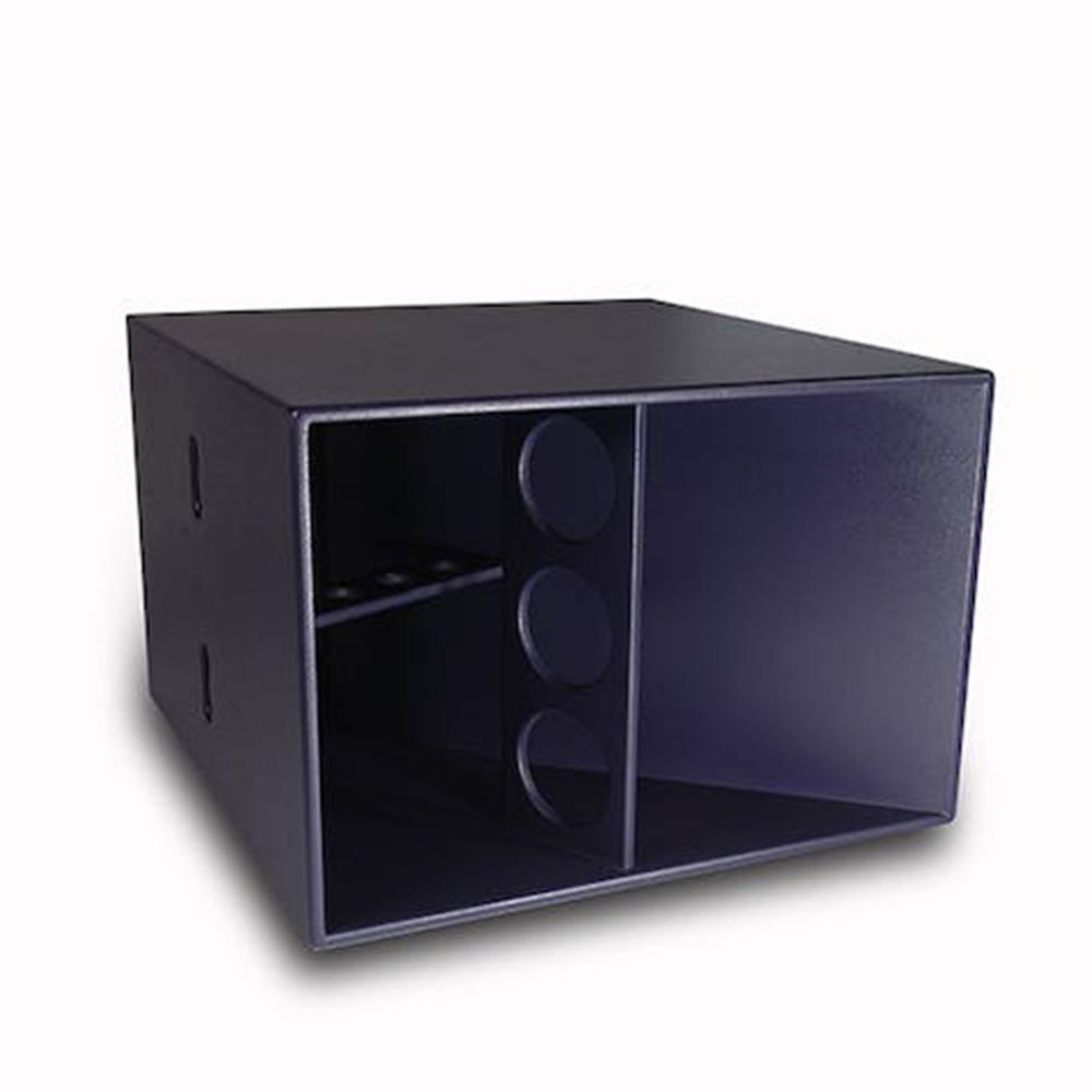 Short, wide purple speaker cabinet with circular braces and dual horn-loaded sections.