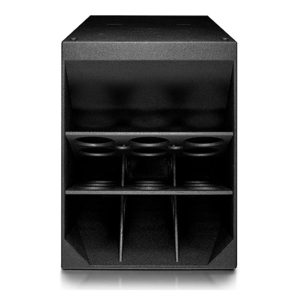 Tall black horn-loaded speaker with multiple circular ports and divided lower section.