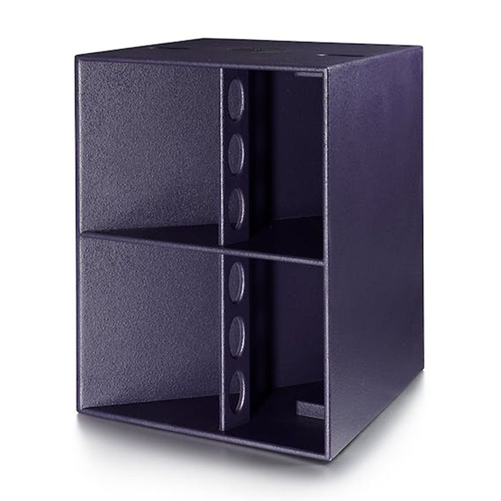 Purple speaker cabinet with four horn-loaded compartments and circular cutout braces.