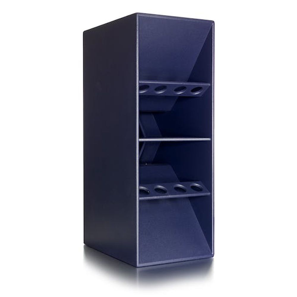 Tall purple horn-loaded speaker with angled design and circular cutouts on braces.