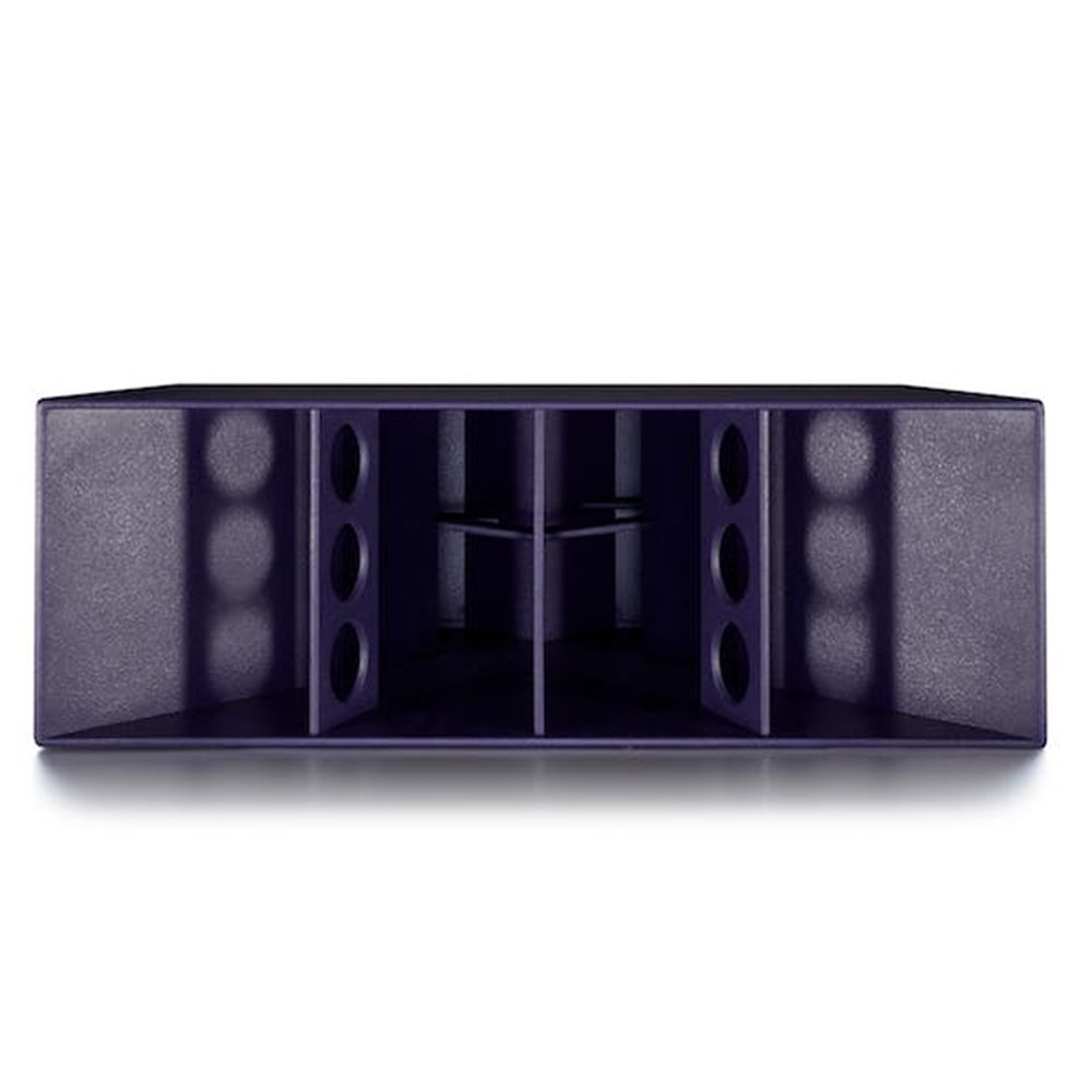 Front view of wide purple horn-loaded speaker with multiple circular ports and bracing.