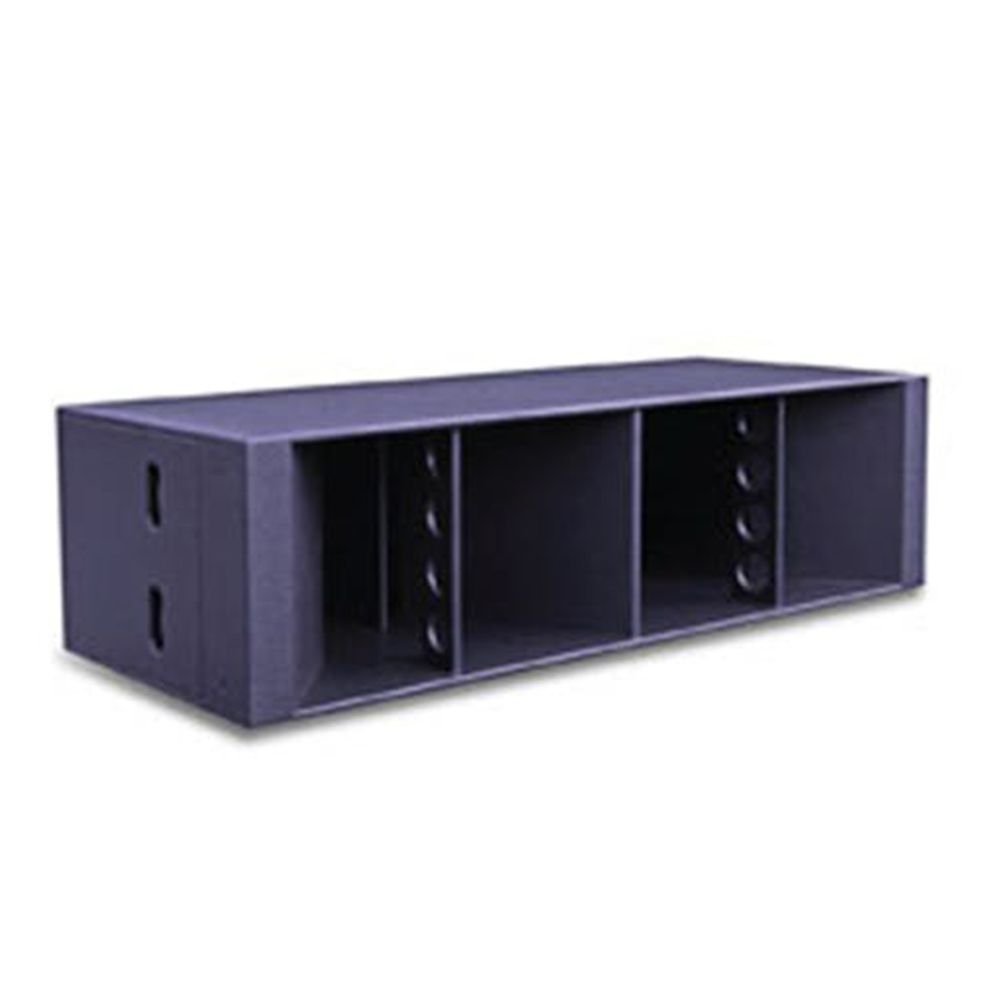Long purple speaker cabinet with triple horn-loaded compartments and circular braces.