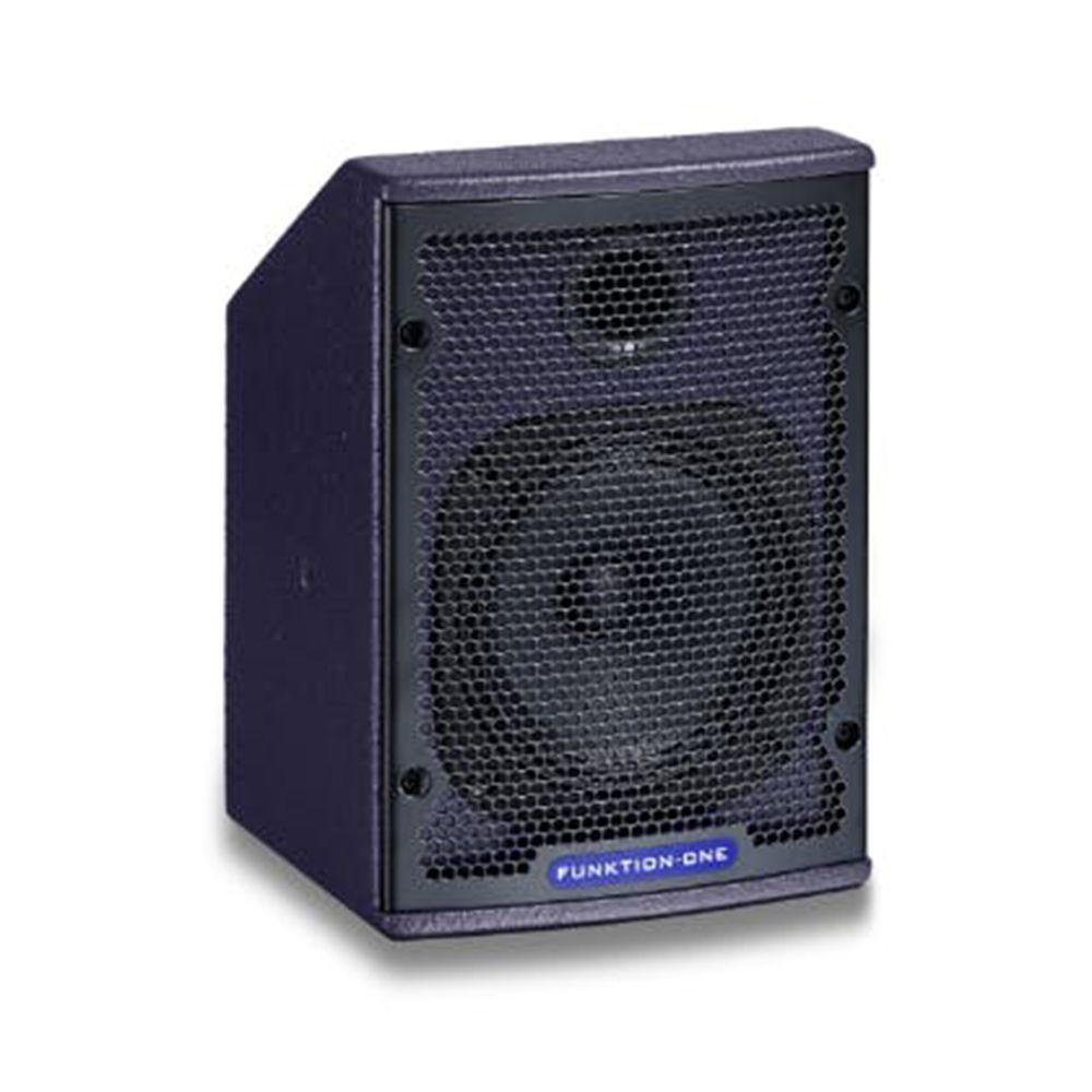 Compact Funktion-One loudspeaker with black grille and angled purple cabinet.
