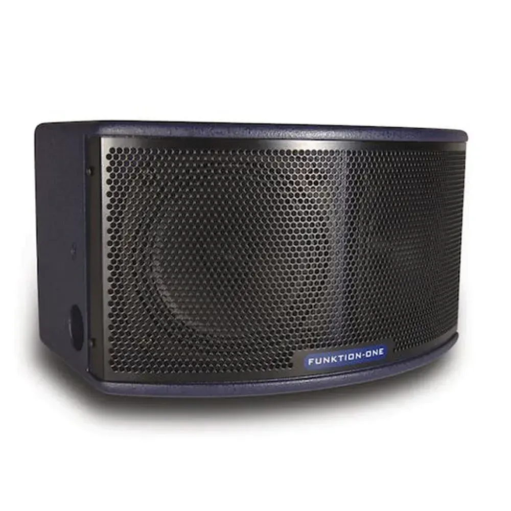 Curved Funktion-One speaker with a black perforated grille and purple enclosure.