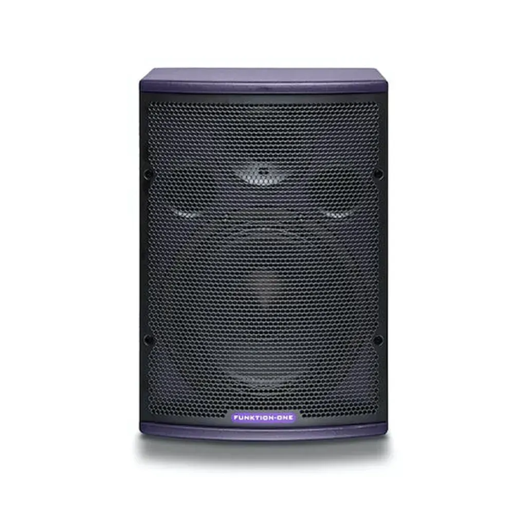 Front view of a small Funktion-One loudspeaker with central woofer and tweeter.