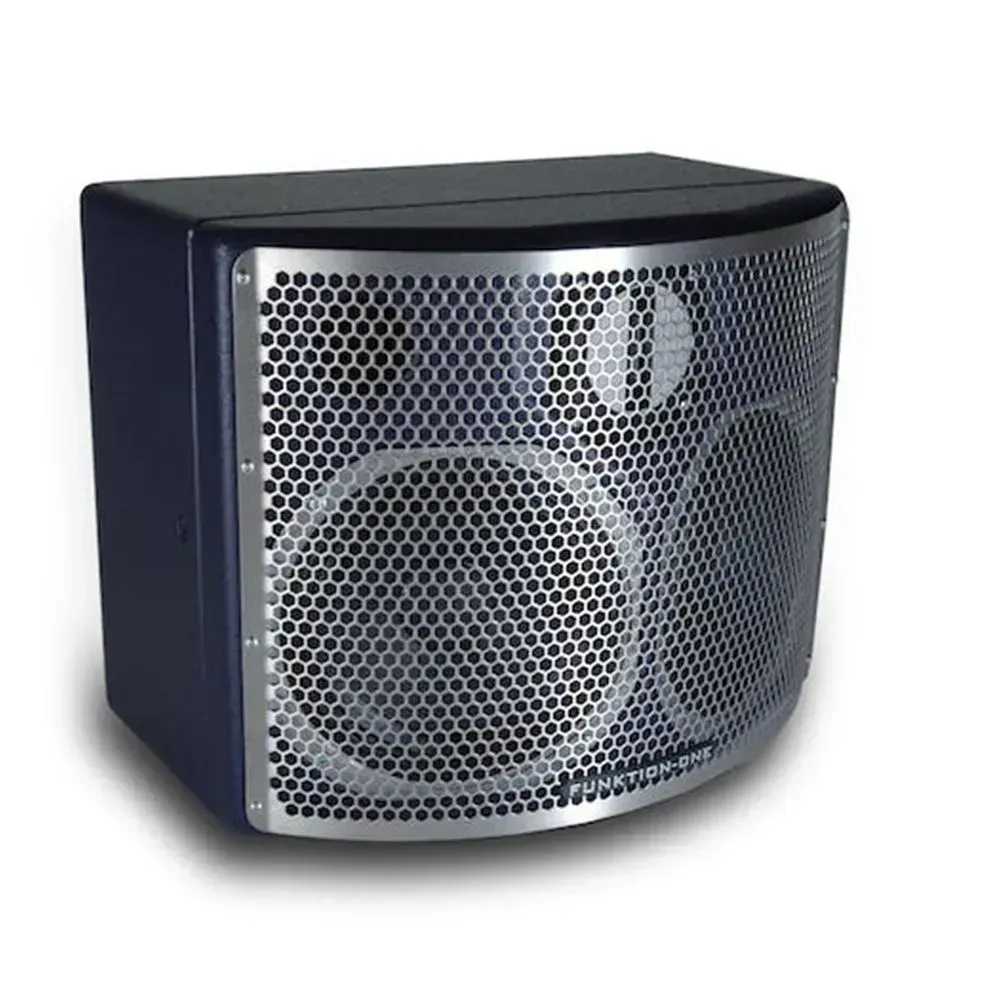 Curved dual-driver Funktion-One loudspeaker with silver hex grille and blue logo.